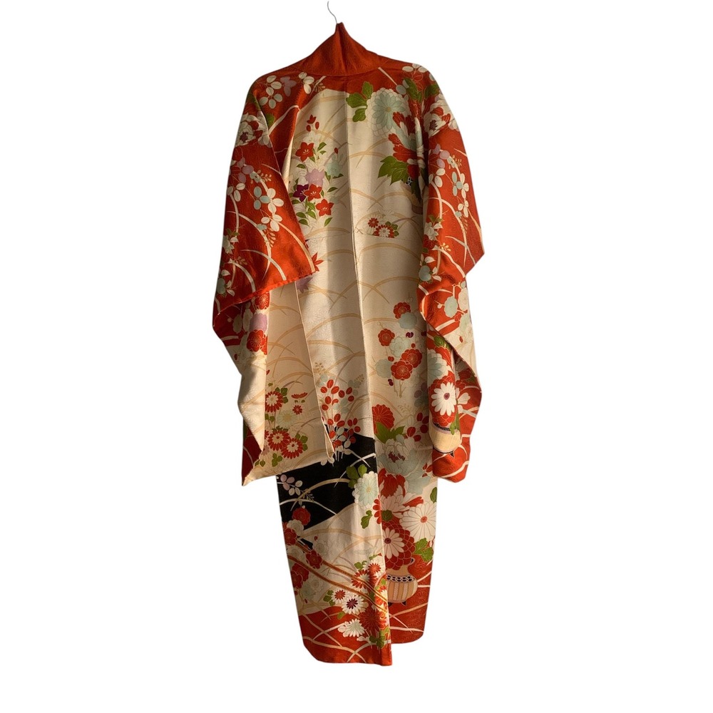 Handmade Furisode Kimono Women M Orange Silk Floral Vintage Good Embroidered